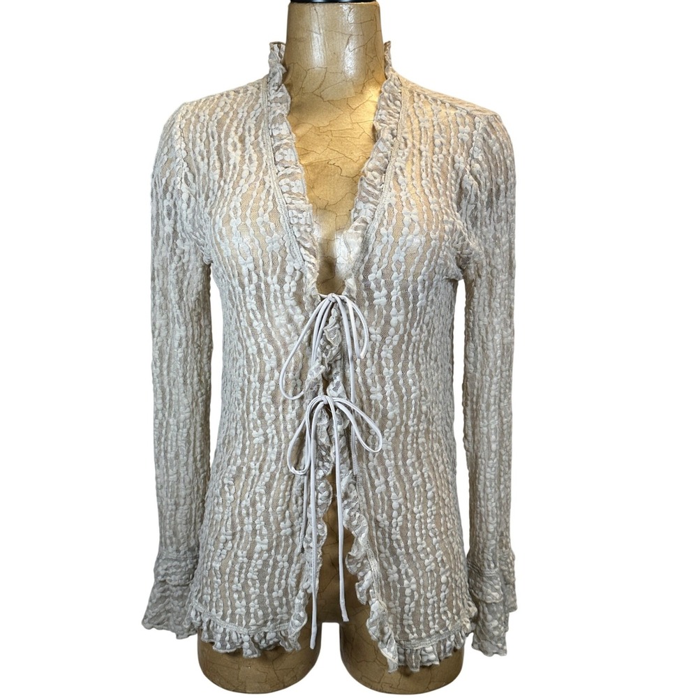 Cato Fairy Medium Beige Lace Ruffle Tie Front Cardigan Sheer Mesh Top Tan Whimsi
